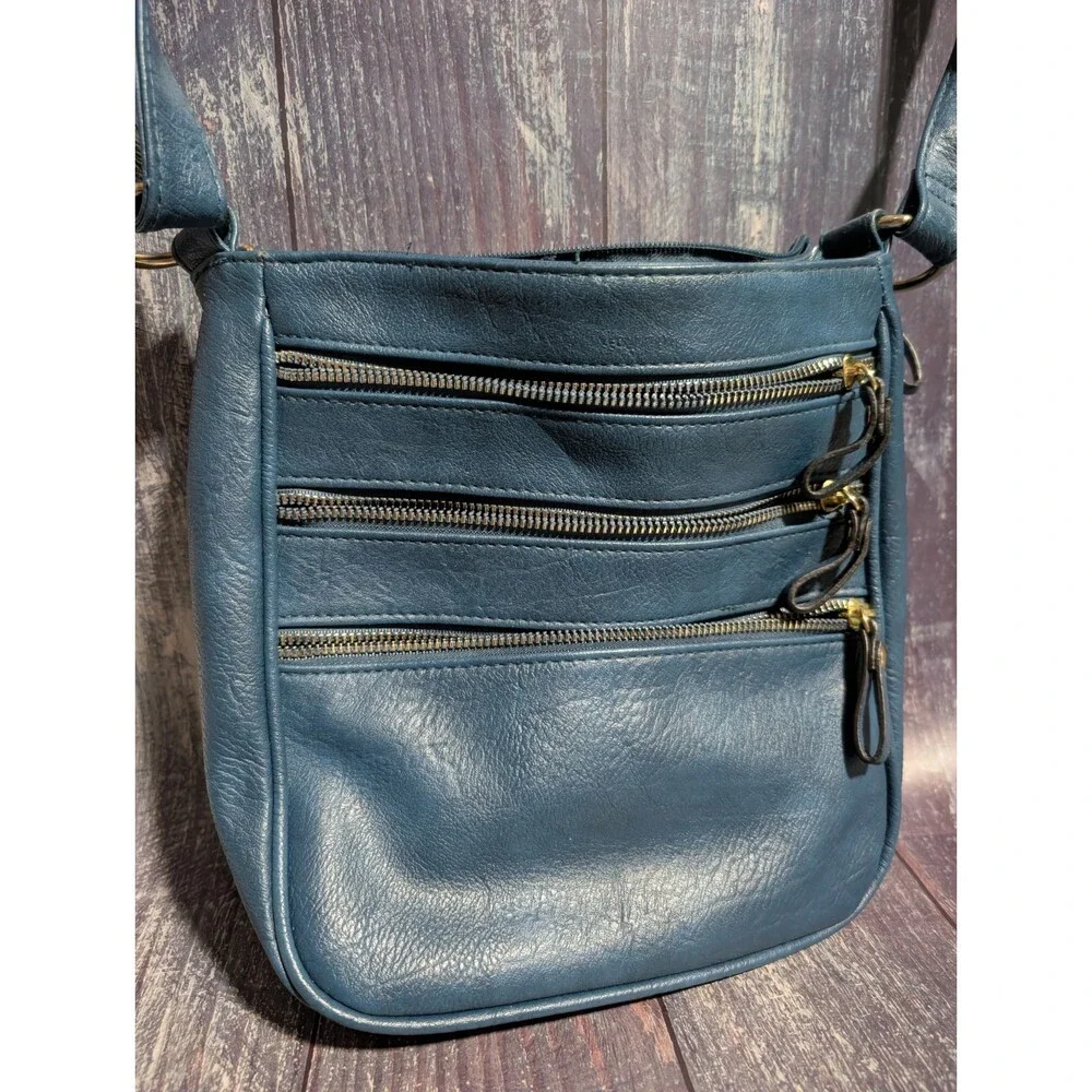 Bueno Blue Faux Leather Crossbody Bag with Multiple Zipper Pockets